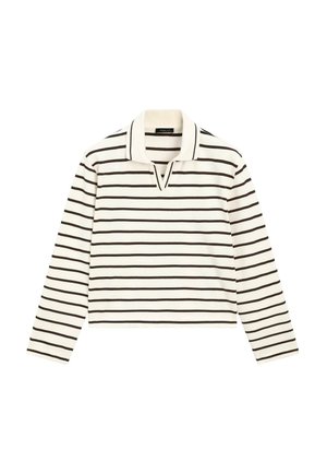 Long-sleeve polo shirt in white with black horizontal stripes, featuring a collar, a V-neck opening, and a cropped design. Soft fabric texture.