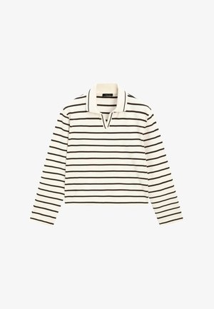 Long-sleeve polo shirt in white with black horizontal stripes, featuring a collar, a V-neck opening, and a cropped design. Soft fabric texture.