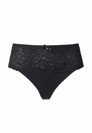 Slip nero in pizzo con una larga fascia in pizzo, bordi smerlati e un fiocco centrale sul davanti. Tessuto liscio sotto il pizzo.