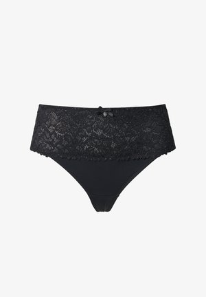 Czarne koronki majtki z szerokim koronkowym pasem, falowanymi krawędziami i centralną kokardką z przodu. Gładka tkanina pod koronką.