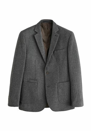 Grau gehäkelter Blazer aus strukturierter Stoff, mit Reverskragen, einer Knopfschließung und zwei Vordertaschen.