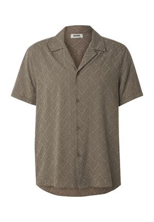 Short-sleeve brown button-up shirt with subtle geometric pattern and open collar, labeled "Drykorn" inside the neckline.