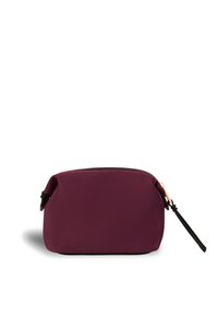 Dark purple rectangular cosmetic bag with black zipper and wrist strap, shown against a white background.