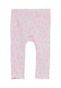 Helle graue Leggings mit einem rosa Blumenmuster, elastischem Bund und gewellten Saumdetails. Hergestellt aus weichem, dehnbarem Stoff.