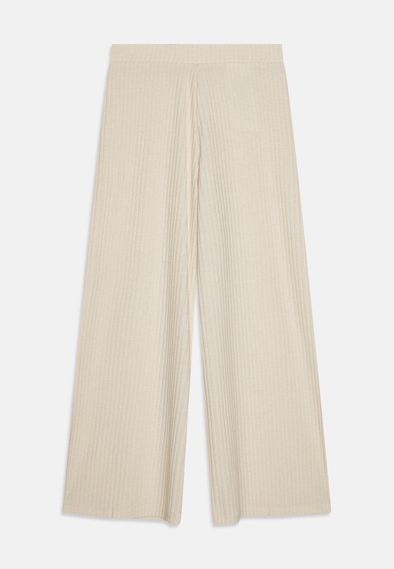 Wide-leg pants in a light beige color with a vertical ribbed texture. Features a comfortable waistband and flowing fabric for ease of movement.