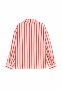 Röd- och vitrandig långärmad skjorta med krage, knäppning vid ärmsluten och avslappnad passform. Tillverkad av lättviktig tyg med en mjuk textur.