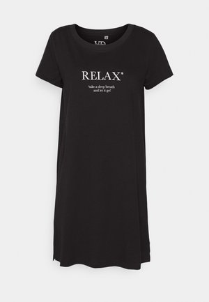 Black cotton sleep dress with short sleeves, rounded neckline, featuring white text that reads "RELAX*" and a quote below in smaller text.