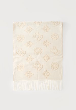 Écharpe couleur crème avec des motifs géométriques et circulaires beige clair et des franges sur un bord.