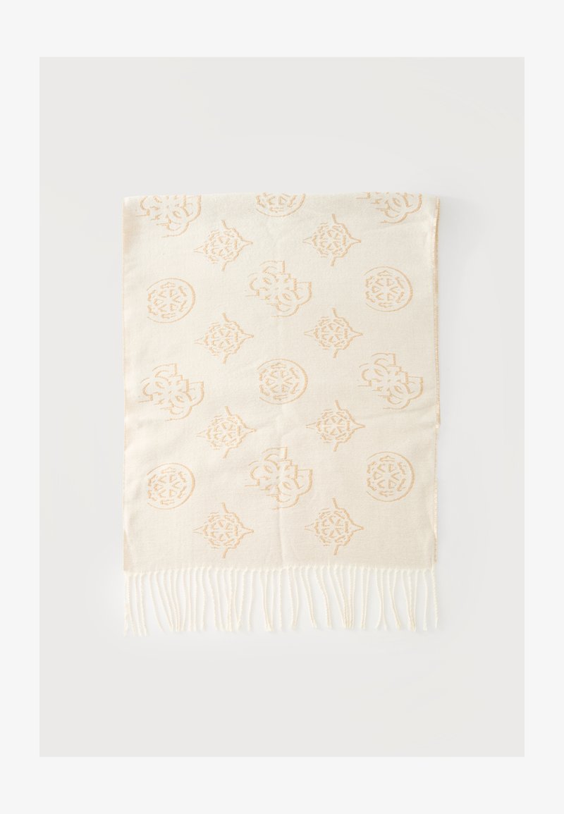 Écharpe couleur crème avec des motifs géométriques et circulaires beige clair et des franges sur un bord.