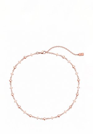 Collar de cadena en oro rosa con pequeñas cruces alternas y eslabones en forma de corazón, cierre de mosquetón y cadena extensora.