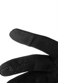 Gants noirs en tissu extensible avec une texture lisse. Comprend des motifs de grip sur les bouts des doigts et un poignet élastique pour un ajustement snug.