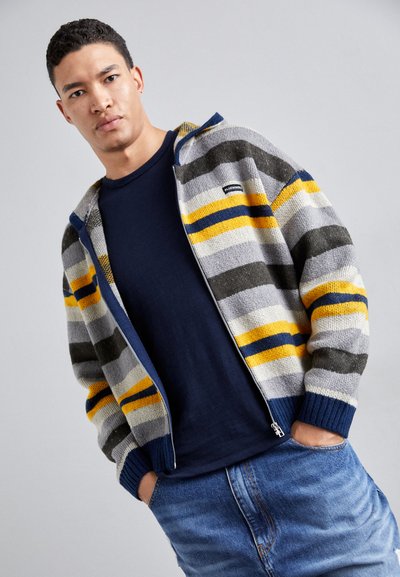 Sivý pruhovaný zip-up kardigan s žltými a námorníckymi akcentmi. Hladké manžety a spodný lem. Nosený cez námornícku tričko a modré džínsové šortky.