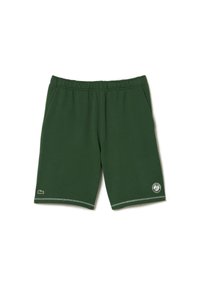 Mörkgröna bomullsshorts med elastisk midja, sidofickor och vita stickade fållar, med Lacoste-krokodil och Roland Garros-logotyper.