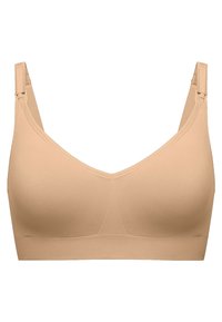 Beżowy bezprzewodowy stanik z szerokimi ramiączkami, gładką fakturą i dekoltem w kształcie litery V. Posiada bezszwowy krój oraz miękki, elastyczny materiał.