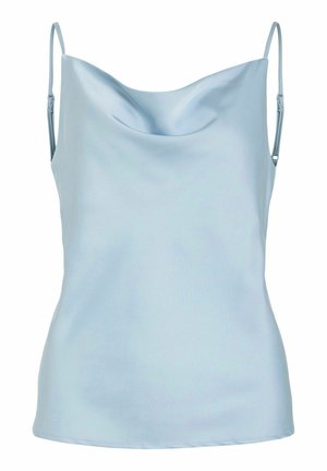 Hellblaues Satin-Cami-Top mit dünnen Trägern, das über einen drapierten Ausschnitt und eine glatte, glänzende Textur verfügt. Einfaches und eng anliegendes Design.