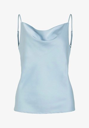 Hellblaues Satin-Cami-Top mit dünnen Trägern, das über einen drapierten Ausschnitt und eine glatte, glänzende Textur verfügt. Einfaches und eng anliegendes Design.