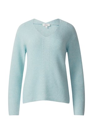 Lichtblauwe gebreide V-hals trui met lange mouwen, geribbelde textuur en label zichtbaar bij de kraag.