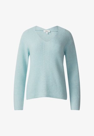 Light blue knitted V-neck sweater with long sleeves, ribbed texture, and label visible at the collar.