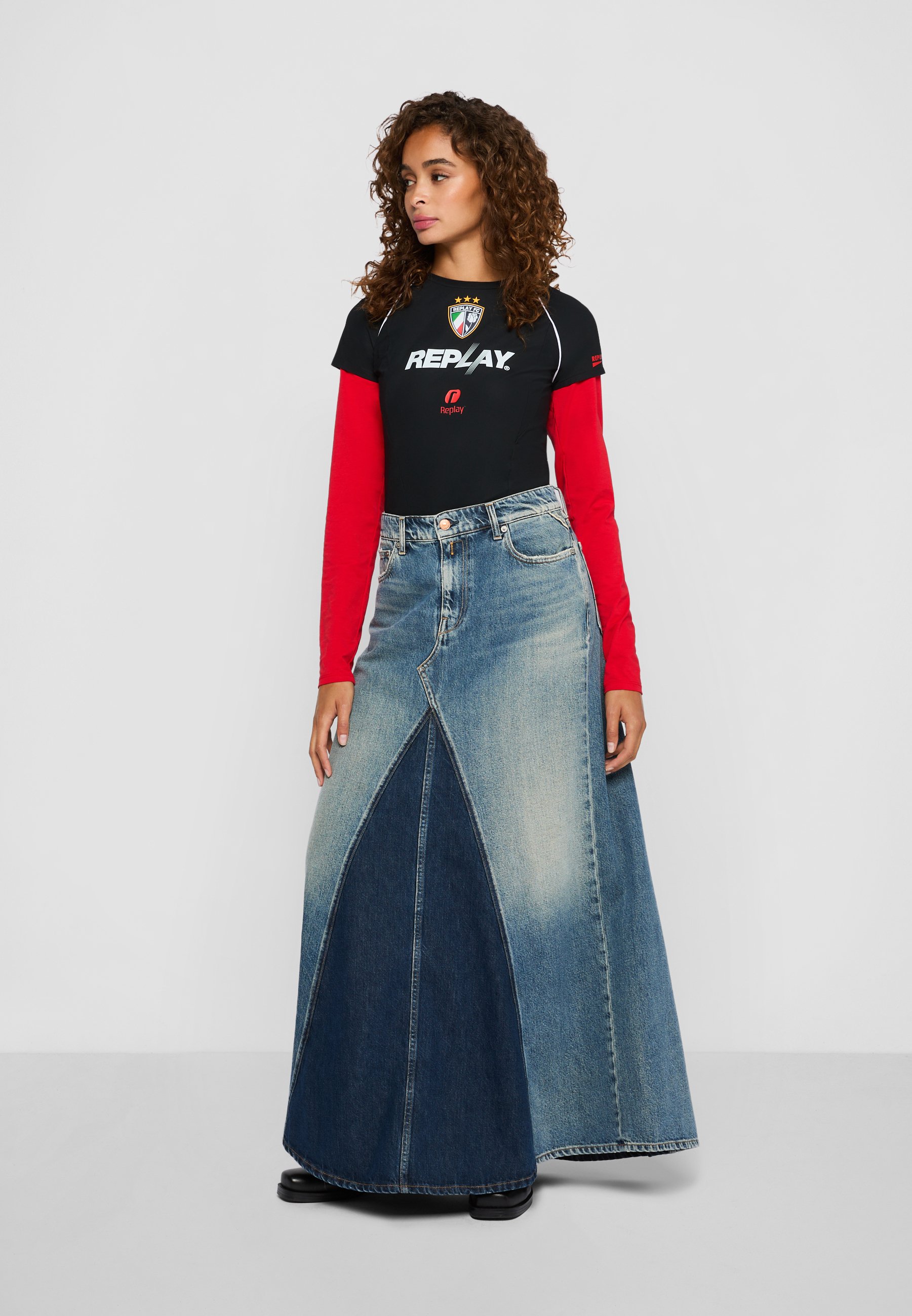 Replay PATCHWORK WASHED DENIM SKIRT - Maxi skirt - medium blue
