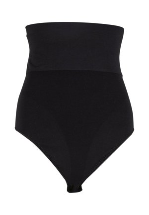 Hooghoge zwarte naadloze shapewear slip met drukknoopsluiting bij het kruis voor lichaamscontouren en ondersteuning.