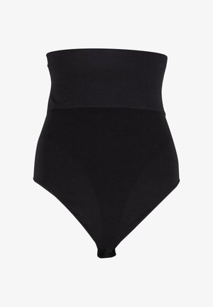 Hooghoge zwarte naadloze shapewear slip met drukknoopsluiting bij het kruis voor lichaamscontouren en ondersteuning.