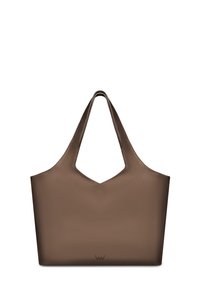 Brown leather tote bag with a V-shaped opening and wide handles. Smooth texture, minimalistic design, no visible hardware or accents.