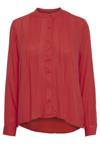Blusa roja de manga larga con cuello mao, cierre de botones en la parte delantera y detalle plisado en el pecho. Tejido ligero y fluido con un dobladillo ligeramente curvado.