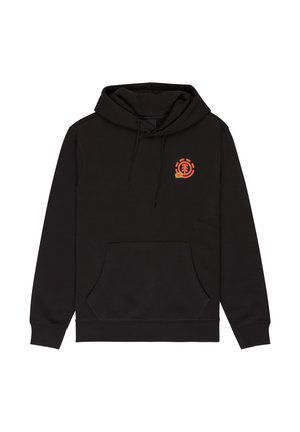 Schwarzer Kapuzenpullover mit Kängurutasche vorne, verstellbarer Kapuze und kleinem orangem, kreisförmigem Baum-Logo auf der linken Brust mit gelbem Strahlen-Detail.