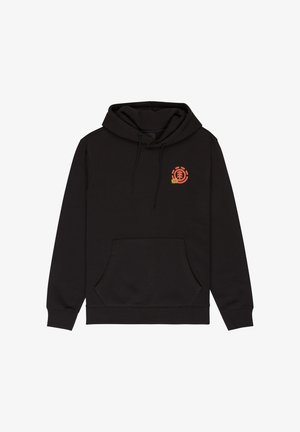 Black pullover hoodie with front kangaroo pocket, drawstring hood, and small orange circular tree logo on left chest with yellow burst detail.