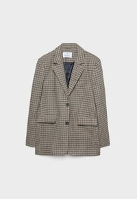 Blazer à carreaux beige et marine, avec une coupe structurée, deux poches avant, un col cranté et une fermeture à bouton unique.