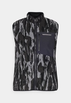 Fleece vest in black and gray with a patterned texture. Features a high collar, front zip closure, and a solid black chest pocket with zipper.