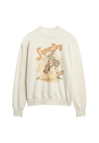 Felpa crema con grafica di un cowboy e la scritta "SuperDry" in arancione, con polsini e orlo a costine. Materiale in morbido cotone.