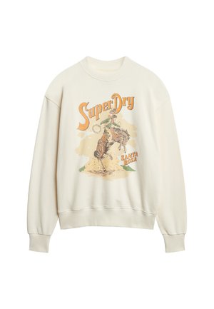 Sweatshirt crème avec un graphique de cowboy et le texte "SuperDry" en orange, avec des poignets et un ourlet côtelés. Matériau en coton doux.