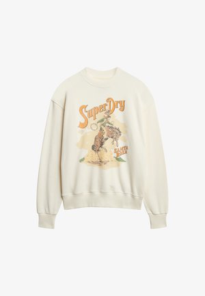 Crème sweatshirt met een cowboyafbeelding en de tekst "SuperDry" in oranje, met ribbelboorden en onderband. Zachte katoenstof.