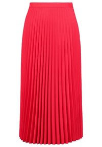 Falda midi roja con pliegues, hecha de una tela ligera, que presenta una cintura ajustada y un patrón de pliegues verticales para añadir textura y movimiento.