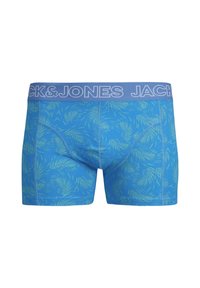 Blauwe boxershorts met een groen loofpatroon, voorzien van een zachte, elastische grijze tailleband met het "JACK & JONES" logo.