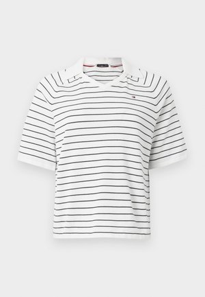 White short-sleeve polo shirt with black horizontal stripes, featuring a V-neck and a small embroidered logo on the chest. Smooth fabric.