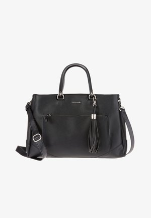 Borsa in pelle nera con doppi manici, tracolla regolabile, tasca frontale con zip e dettaglio decorativo in pelle con nappina. Texture liscia.