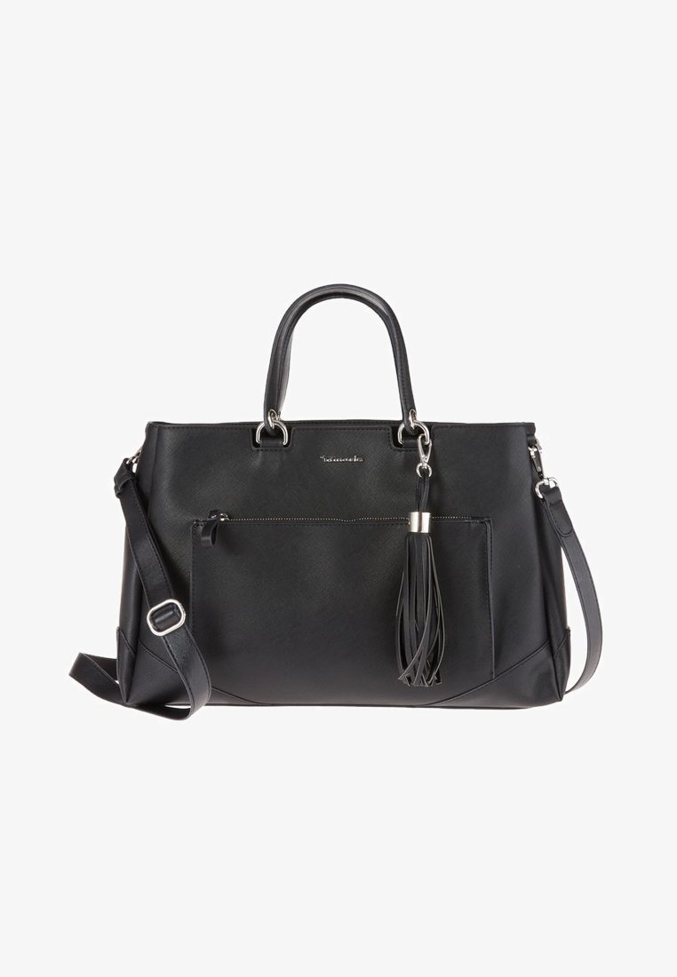 Borsa in pelle nera con doppi manici, tracolla regolabile, tasca frontale con zip e dettaglio decorativo in pelle con nappina. Texture liscia.