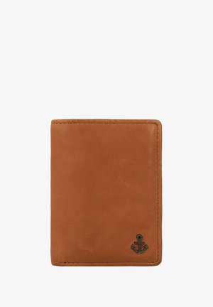Portefeuille en cuir marron avec une texture lisse, de forme rectangulaire, et un petit emblème en métal en forme d'ancre dans le coin inférieur.