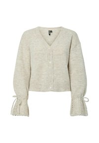 Light beige cropped cardigan in soft textured knit, featuring a V-neck, button front, and lace-trimmed bell sleeves with ties.