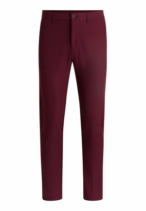 Burgundy trousers with a slim fit, made from smooth, stretchy fabric. Features a button closure and subtle side pockets.