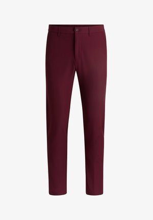Pantaloni bordeaux a vestibilità slim, realizzati in un tessuto liscio ed elastico. Presentano una chiusura con bottone e tasche laterali sottili.