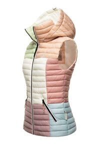 Gequilted gilet in pastelkleuren (groen, roze, wit, lichtblauw). Voorzien van een capuchon, zijzakken met ritsen en een gestructureerde stof.