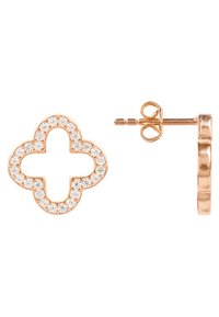 Orecchini in oro rosa a forma di quadrifoglio, decorati con gemme trasparenti lungo i bordi. Design a chiusura posteriore con una finitura semplice e liscia.