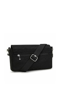 Borsa a tracolla nera in tessuto con texture geometrica, tasca anteriore con zip, strap regolabile e dettagli in hardware argento.