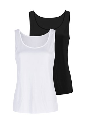 Two sleeveless tank tops, one white in front and one black behind, both with round necklines and simple design.