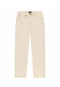 Jeans en denim beige avec une coupe droite, un design à cinq poches et des coutures contrastées. Caractéristiques d'un bouton en métal et d'une étiquette en patch en cuir.