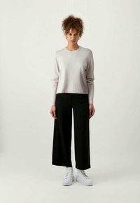 Lichtgrijze lange mouwen top met een ronde hals, gedragen met zwarte wijde broek en witte hoge sneakers. Gladde textuur, minimalistisch ontwerp.