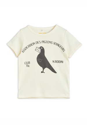 Cremefarbenes Baumwoll-T-Shirt mit rundem Ausschnitt, versehen mit einer schwarzen Grafik einer Taube, die einen Brief hält, und dem Text "Association des Pigeons Voyageurs."